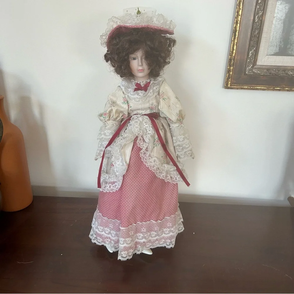 Victorian Style Porcelain Doll with Pink Dress